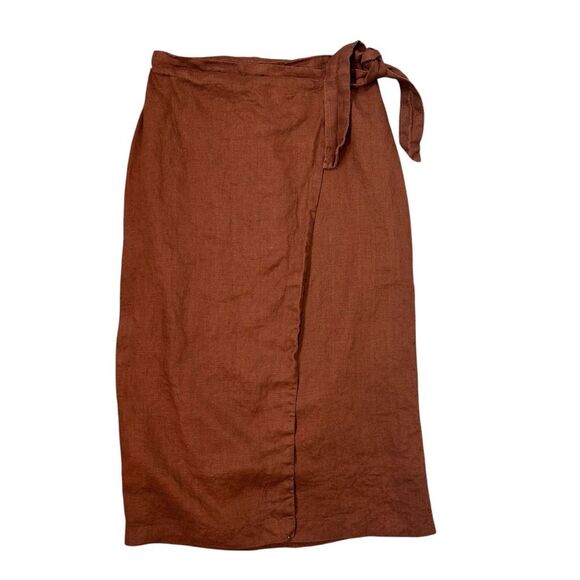 MNG Mango Midi Skirt Linen wrap Large Brown  Curved Tie Front Pencil Minimal L - Picture 5 of 16